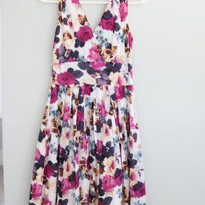 Purple and pink floral print sleeveless midi dress